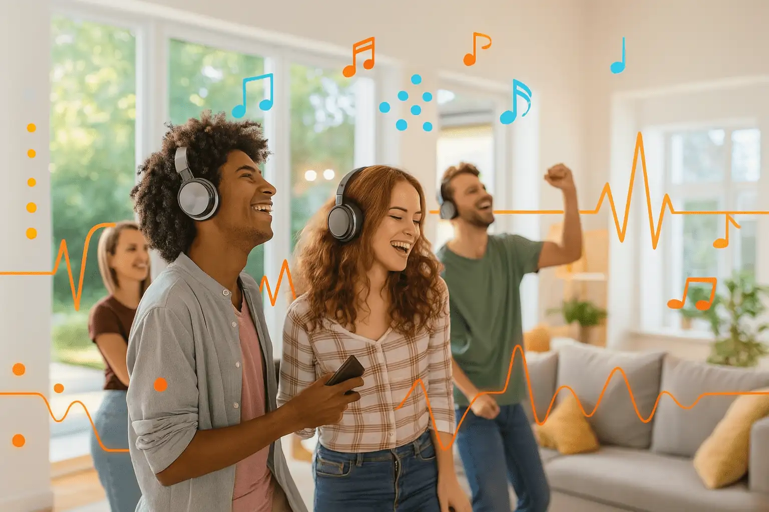A group of friends listening to a personalized song created by SongsRequest, enjoying the moment with a laptop and headphones.
