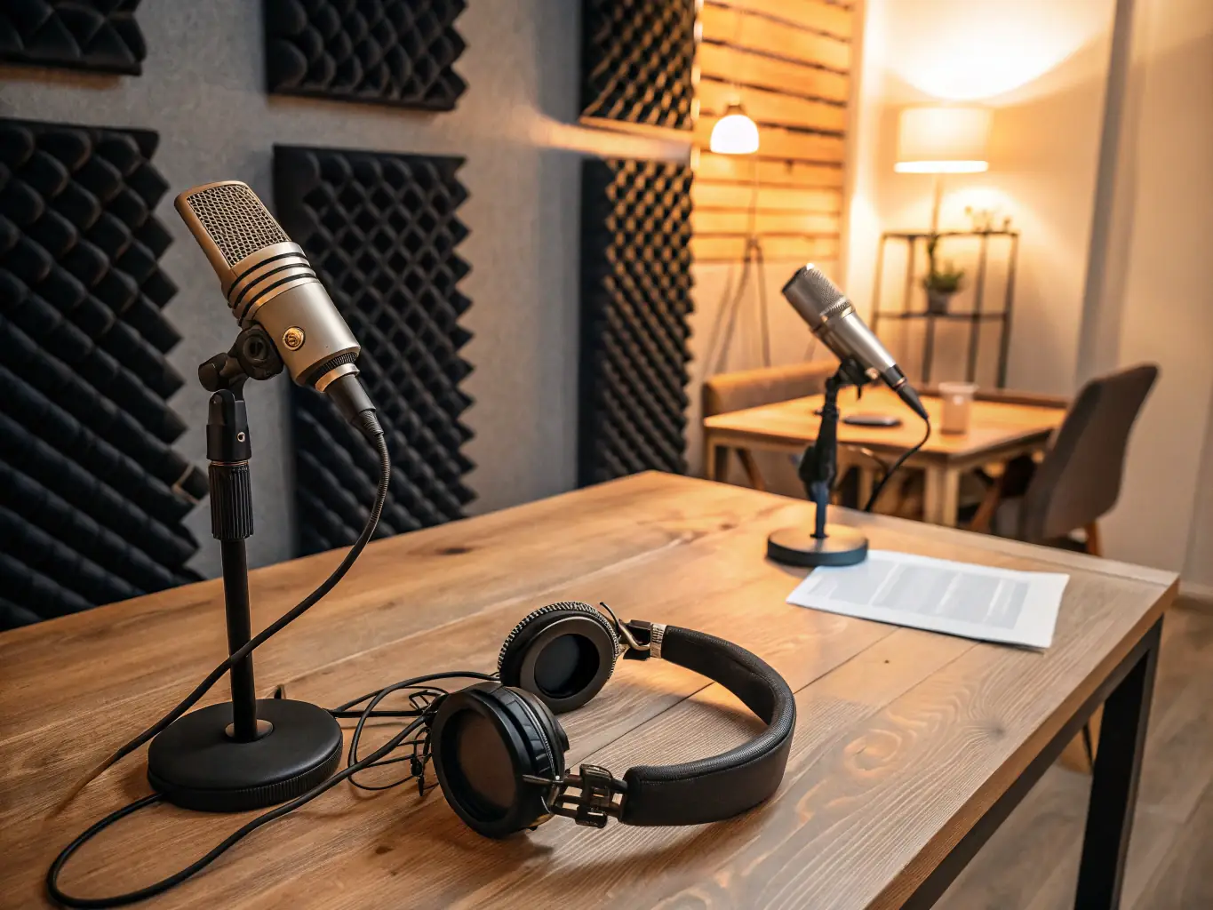 An image of a podcast recording setup with microphones and headphones, set against a backdrop of soundproofing panels, representing custom music for podcasts.