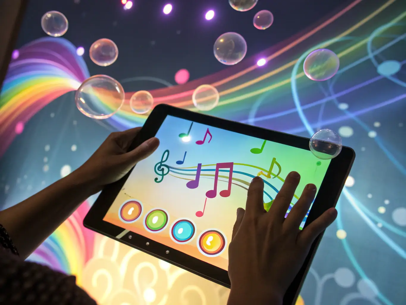 A vibrant image of a mobile game interface with dynamic sound effects and music notes floating around, illustrating custom music for games.
